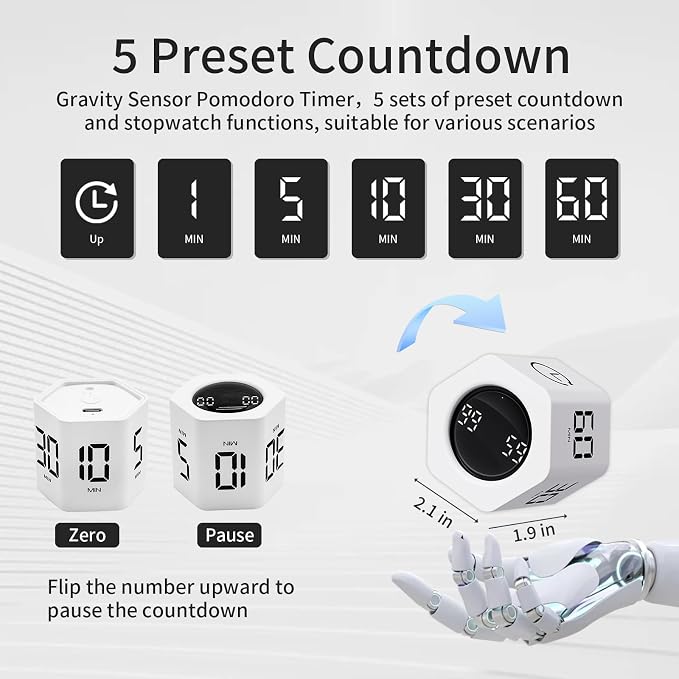 Productivity Timer Flip Gravity Sensor Cube Timer Countdown & Countup, Mute & - Image 2