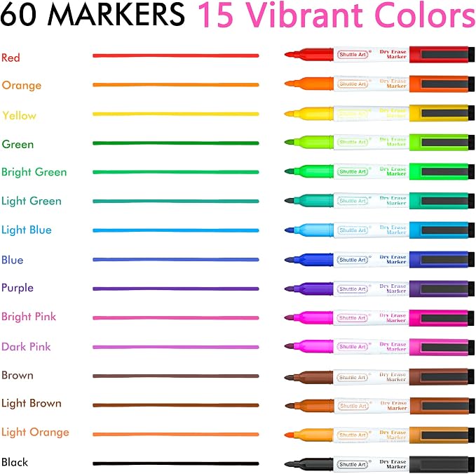 Dry Erase Markers, Shuttle Art 60 Bulk Pack 15 Colors Magnetic Whiteboard - Image 2