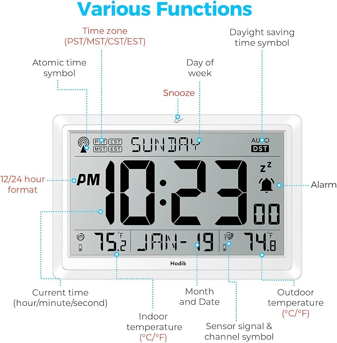 Wall Clock Atomic with Indoor Outdoor Temperature Battery Powered, Easy Reading - Image 2