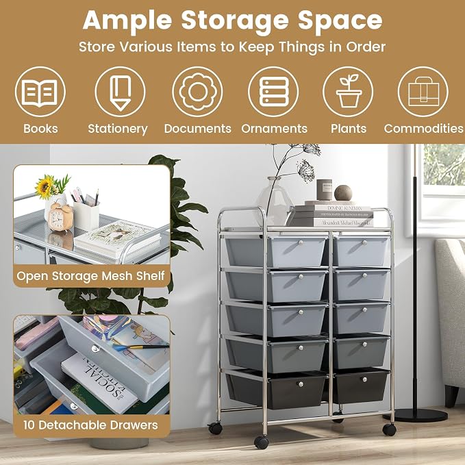 HAPPYGRILL 10-Drawer Rolling Storage Cart, Storage Organizer Cart - Image 3