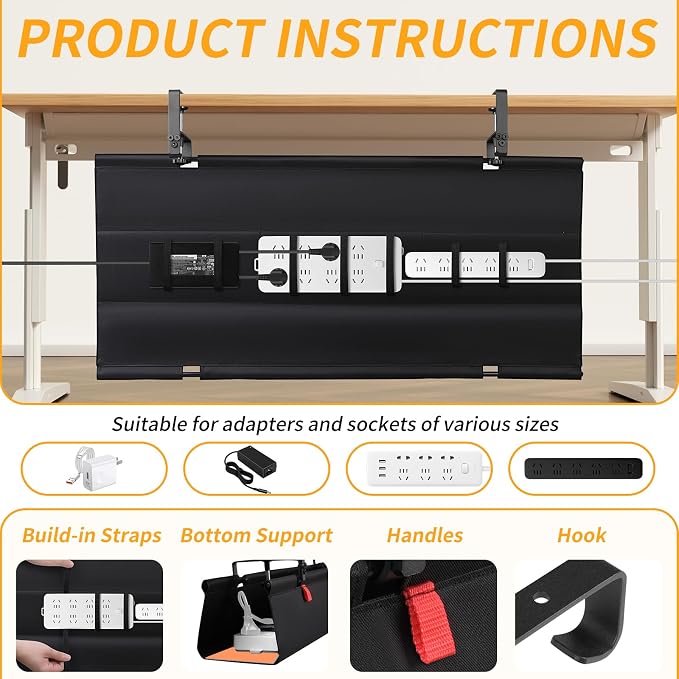 SUREUP9 No Drill Under Desk Cable Management Tray, Fabric Cable Management - Image 5