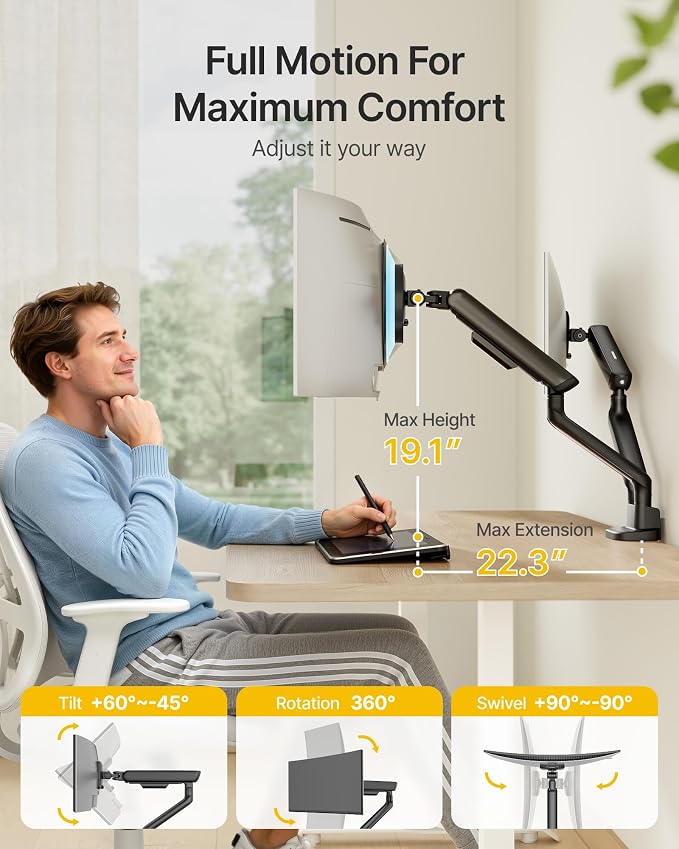 monTEK Dual Monitor Arm, Mechanical Spring Monitor Arm - Image 3