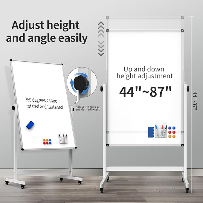 Rolling Whiteboard, Double Sided Magnetic Dry Erase Board Height Adjustable - Image 2