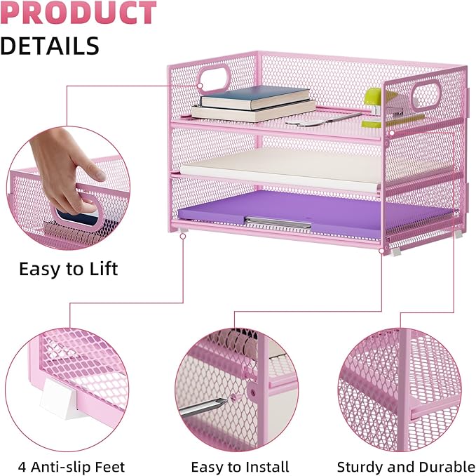 Marbrasse 3 Tier Paper Organizer Letter Tray, Mesh File Organizer - Image 4