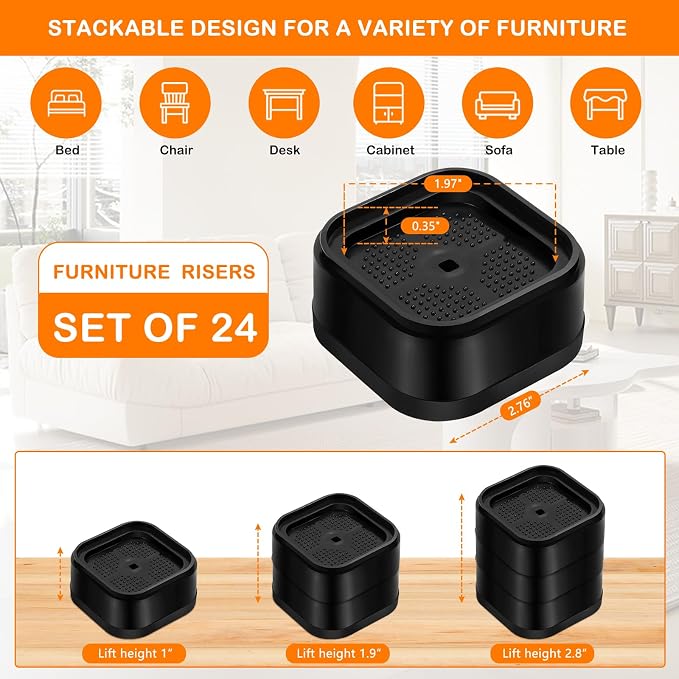 shouwuhho 24 Pack Furniture Risers Adjustable Bed Risers Heavy Duty Lifts - Image 2