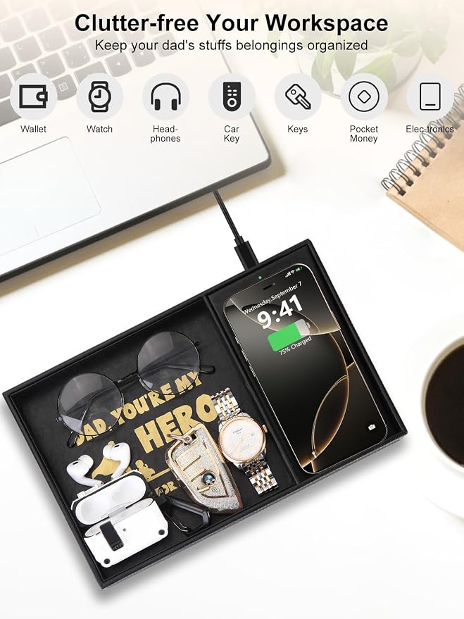 Gifts for Dad Valet Tray, Built-in Wireless Charger, Nightstand Organizer - Image 3