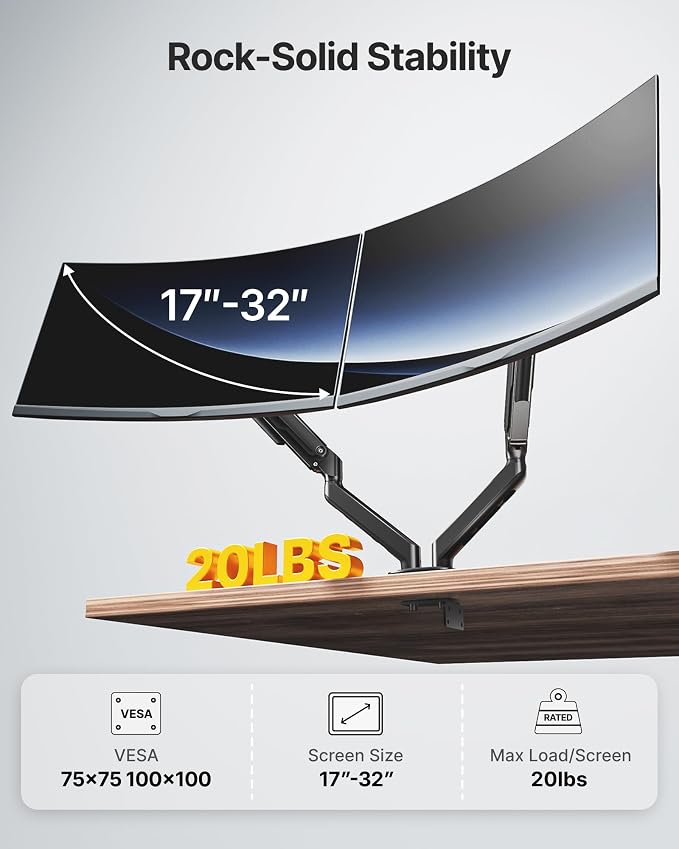 monTEK Dual Monitor Stand for Desk, 17-32 Inch Mechanical Spring Dual Arm - Image 4