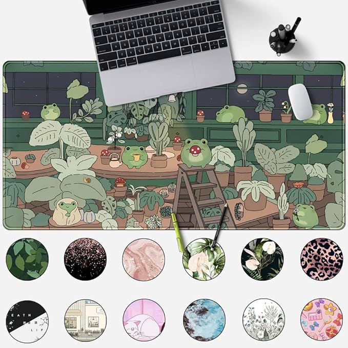 Cute Frog Kawaii Green Desk Decor Mat, Large Gaming Mouse Pad - Image 2