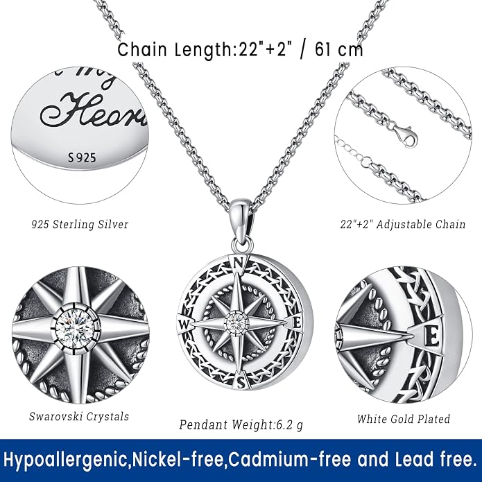 Compass Necklace for Women Men 925 Sterling Silver Pendant Urn Necklaces for - Image 3