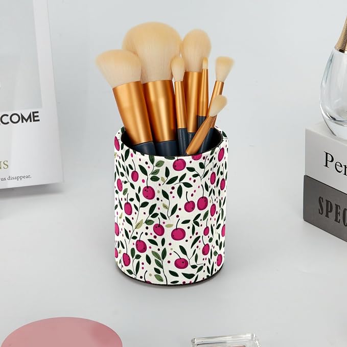 Leather Pen Holder for Desk, Cherry Pattern Pencil Cup Desktop Organizer Makeup - Image 6