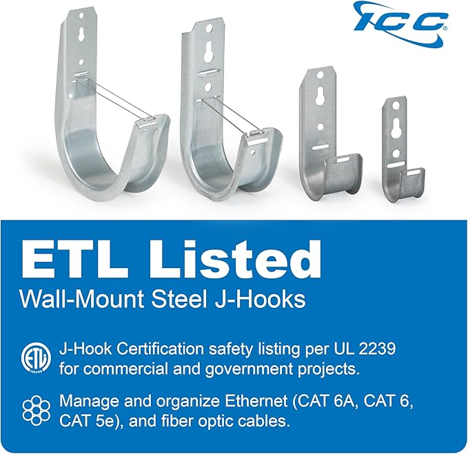 ICC 1-5/16"-Inch Wall Mount J-Hook – 25-Pack, Cable Support Hooks Without - Image 2