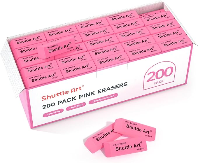 Shuttle Art Pink Erasers, 200 Pack Bulk by ShuttleArt