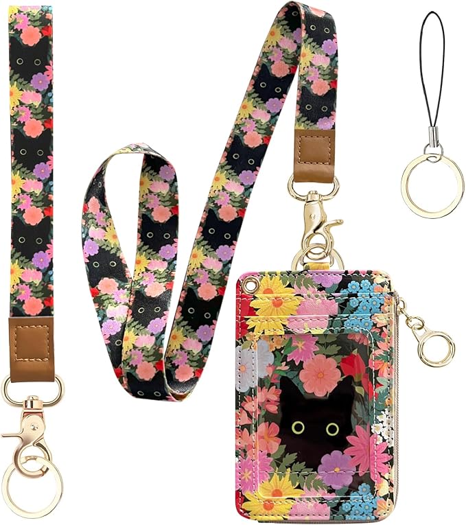 bolimoss Black Cat Flower Lanyard Wallet, Pu Leather Women Zid ID Case by BOLIMOSS