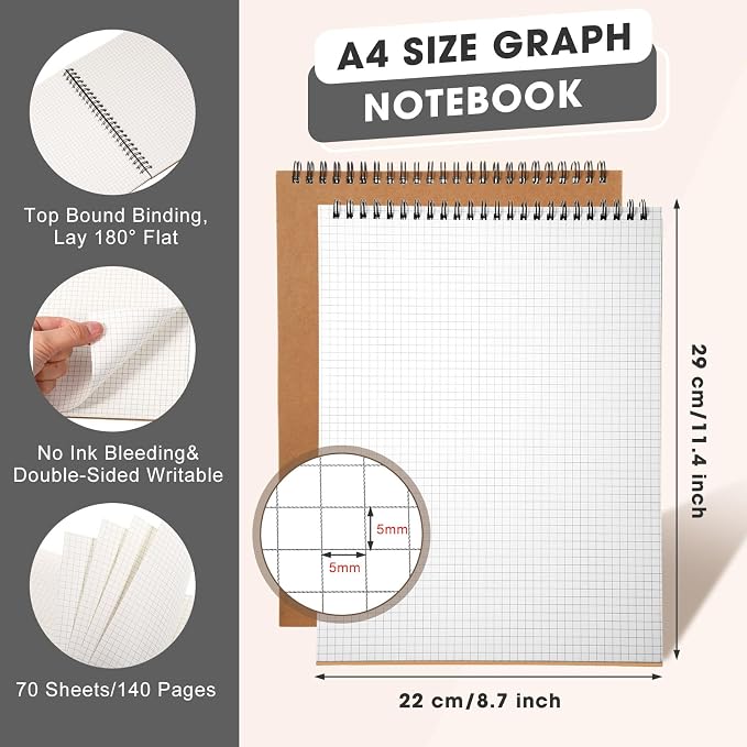 Engrowtic 2 Pack Top Spiral Graph Paper Notebooks 8.7 X11.4 Inch A4 Grid Paper - Image 2