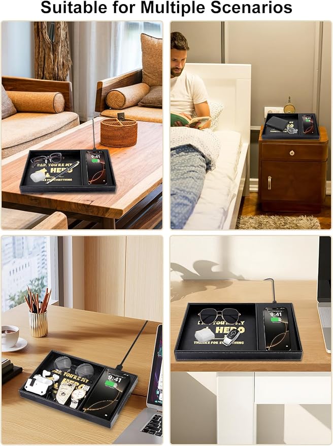 Gifts for Dad Valet Tray, Built-in Wireless Charger, Nightstand Organizer - Image 7