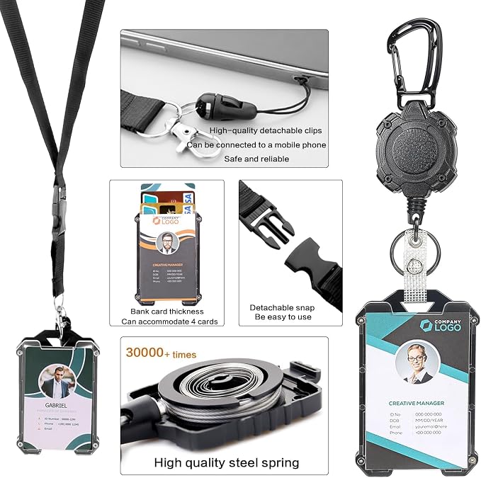 AIDSOTOU Badge Holder Retractable Clip Heavy Duty Carabiner Badge Reel Keychain - Image 3