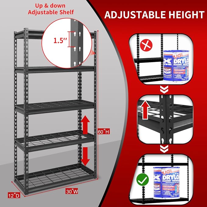 Shuntong The Atlas 30" W x 12" D x 60" H Adjustable Garage Storage Shelves Load - Image 3