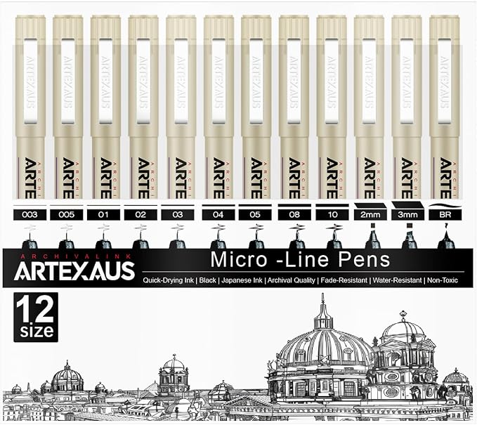 Micro Fineliner Drawing Art Pens, 12 Assorted Sizes, Waterproof Archival Ink by Unknown