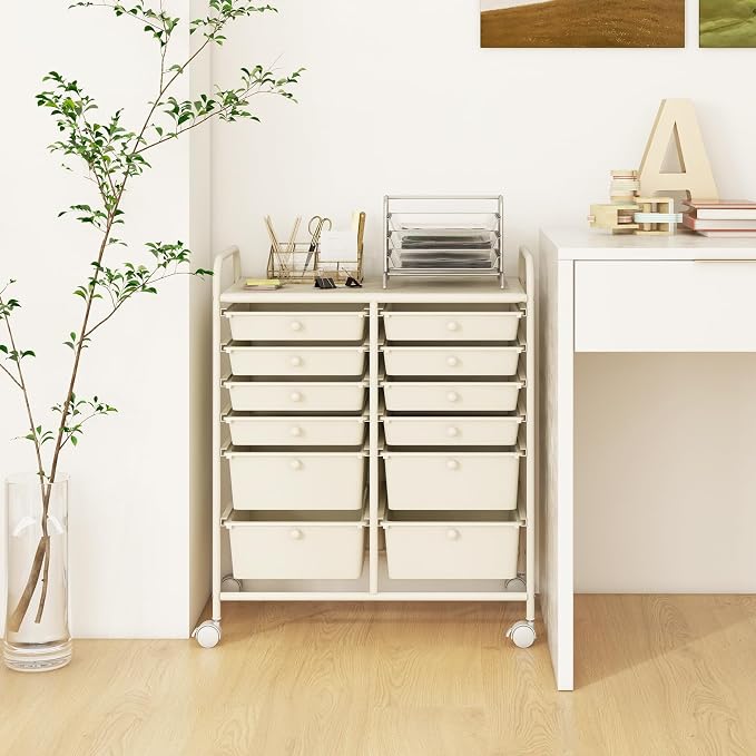 Happygrill 12-Drawer Rolling Storage Cart, 2 Sizes Plastic Drawers & Metal Shelf - Image 7