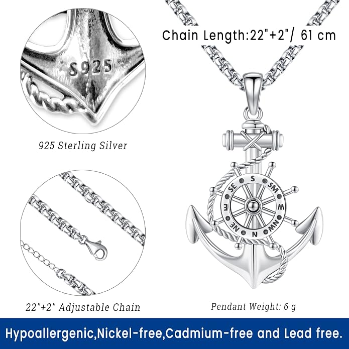 Compass Necklace for Women Men 925 Sterling Silver Pendant Urn Necklaces for - Image 4