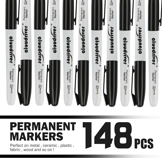 cloudriver Permanent Markers, 148 Pack Black Permanent Markers Set, Fine Point - Image 2