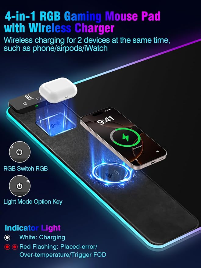 Miroddi RGB Mouse Pad with Wireless Charging Gaming Mousepad, 31.5"x15.75" - Image 2