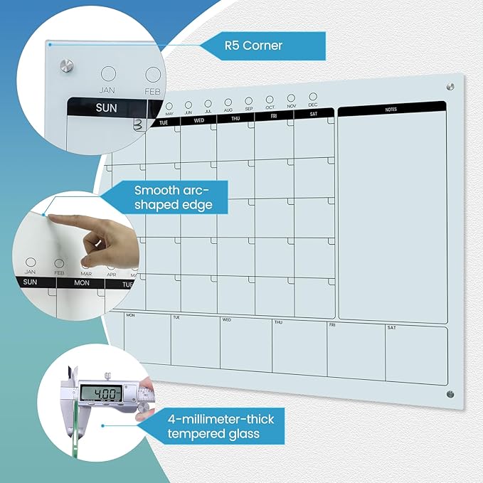 Magnetic Glass Whiteboard Calendar 48"x36" Glass Dry Erase Calender Board - Image 4