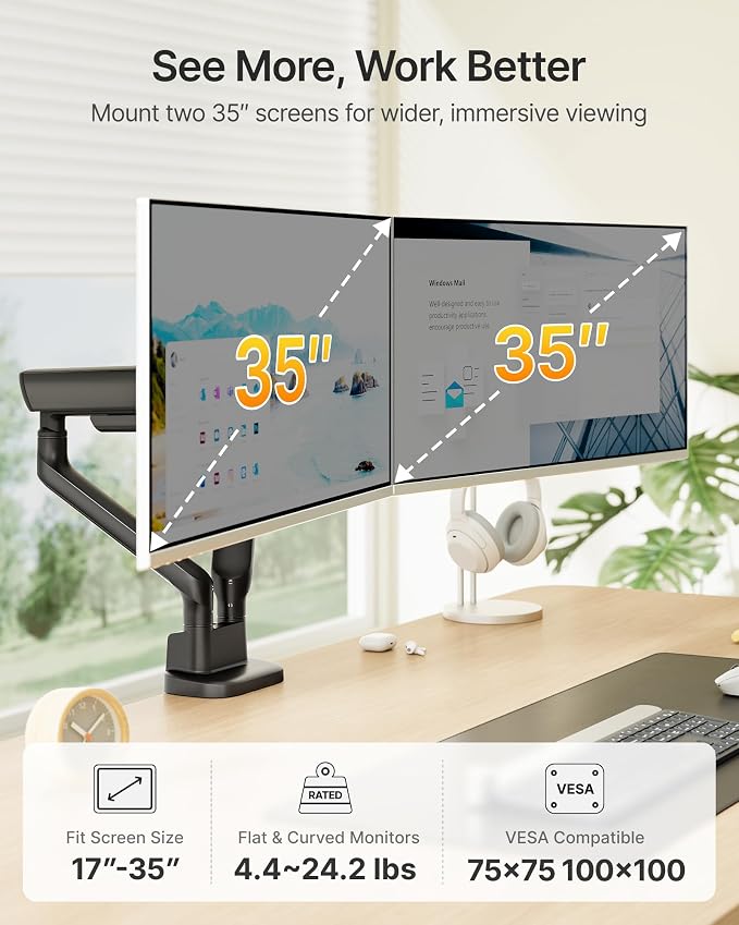monTEK Dual Monitor Arm, Mechanical Spring Monitor Arm - Image 2