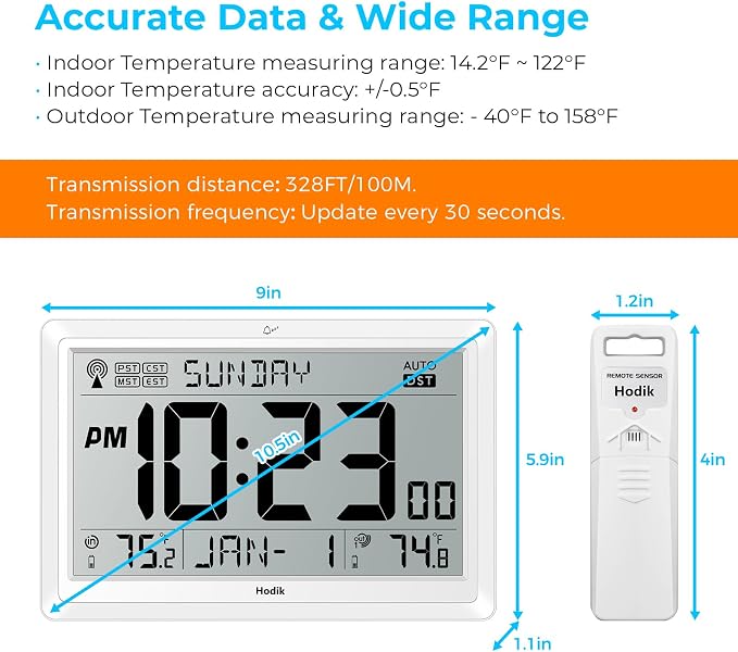 Wall Clock Atomic with Indoor Outdoor Temperature Battery Powered, Easy Reading - Image 8