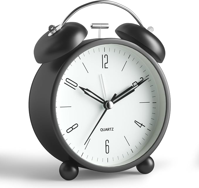 Twin Bell Loud Alarm Analog Alarm Clock, 4 inch Super Silent Non Ticking Small by JALL