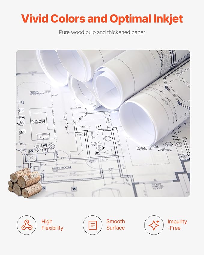 VEVOR Wide Format Paper, 24 in x 150 ft Plotter Roll, 2 Rolls CAD Bond Rolls - Image 5