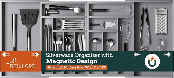 Silverware Organizer Large, Magnetic Connected Expandable 13 Slots Silverware by Besilord