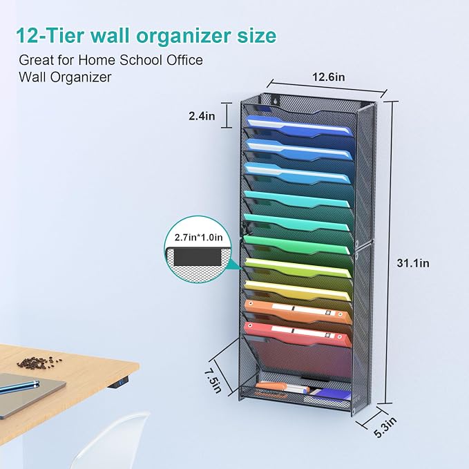 VEESUN 12 Tier Wall File Organizer, Mesh Letter Magazine Mail Wall File Holder - Image 2