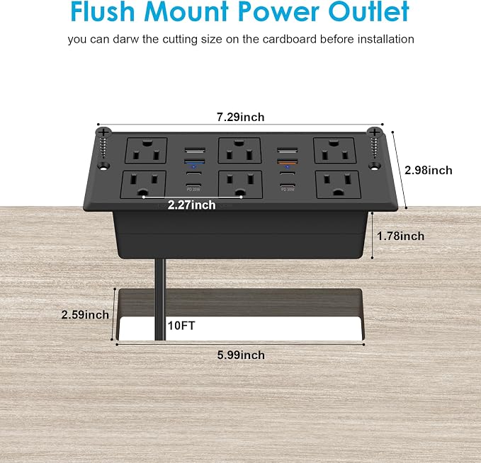 Recessed Power Strip, 30W PD USB-C & USB-A Fast Charging, Drawer Outlet Plug in - Image 7