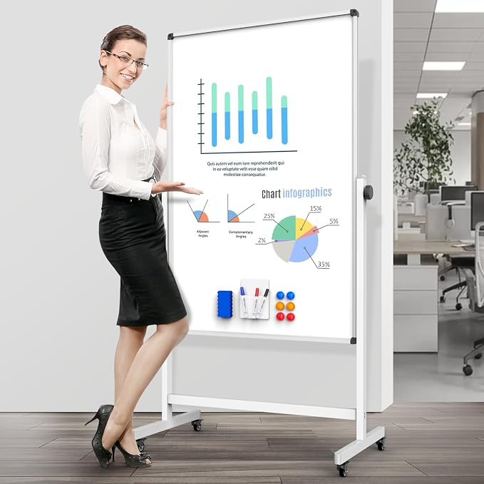 Rolling Whiteboard, Double Sided Magnetic Dry Erase Board Height Adjustable - Image 6