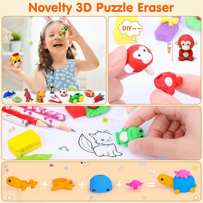 Palmatte 140PCS Mini Animal Erasers Bulk Kids Prizes Treasure Box Toys - Image 6