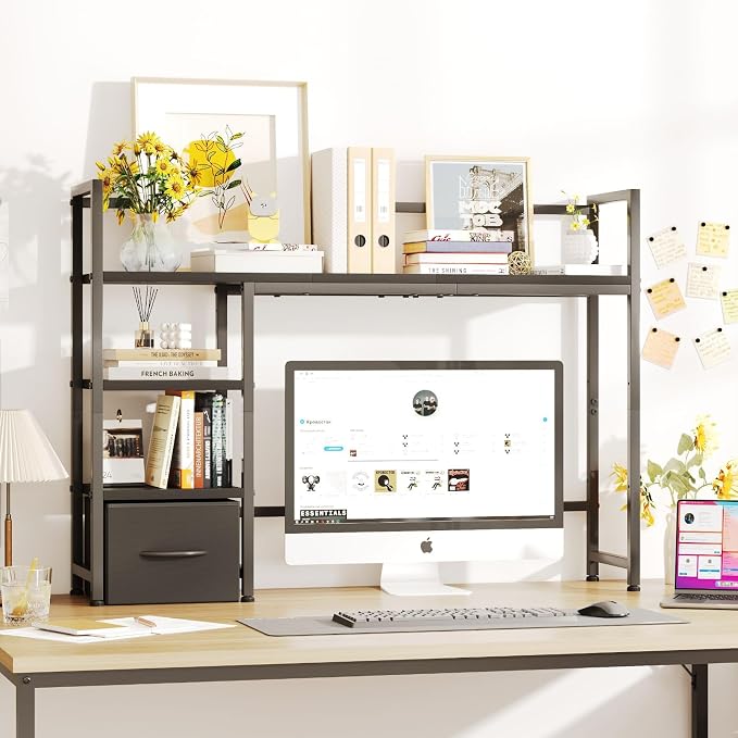 Desk Shelf with Drawer, 41.3" Desktop Organizer Shelf, Desk Hutch - Image 2