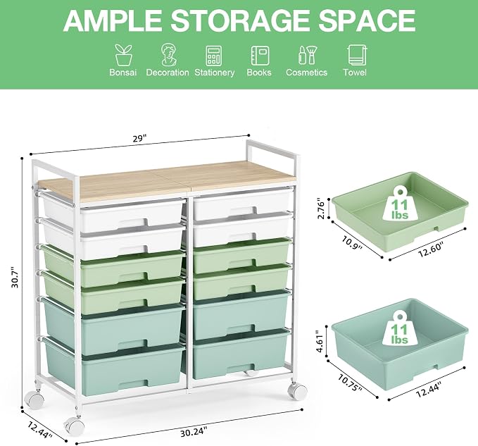 Rolling Storage Cart with 12 Drawers, Wooden Tabletop Utility Cart - Image 3