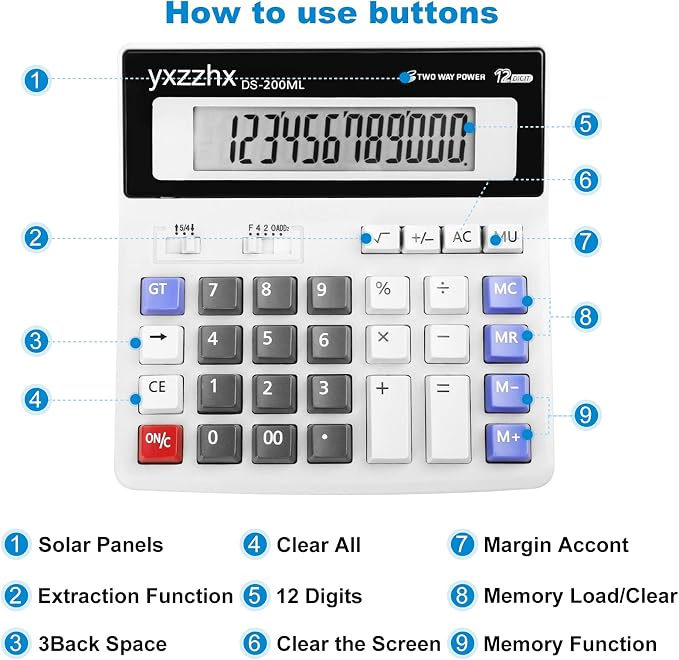 Desk Calculator 12 Digit Extra Large 4.3-Inch LCD Display, Two Way Power - Image 2
