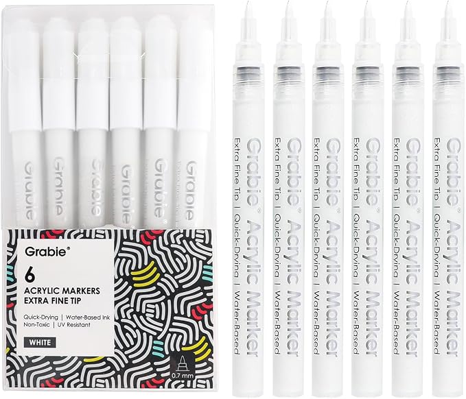 Grabie 6 White Extra Fine Tip Acrylic Paint Marker Set, 6 Pack, 0.7mm Acrylic - Image 9