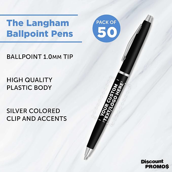 DISCOUNT PROMOS Custom Langham Ballpoint Pens Set of 50, Personalized Bulk Pack - Image 3