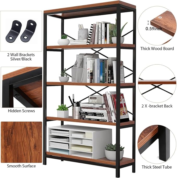 Himimi Industrial Bookshelf 5-Tier, Bookcase 58" H Ladder Shelf, Storage - Image 4