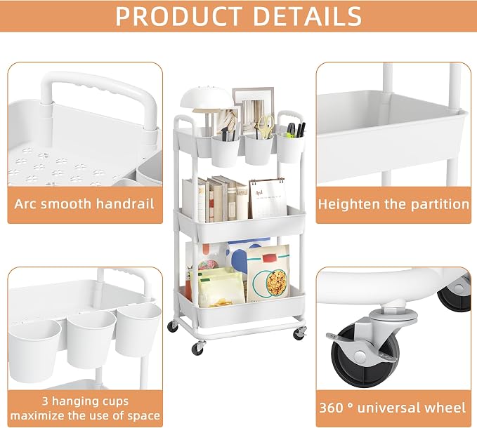 JIUYOTREE 3-Tier Plastic Rolling Storage Cart Utility Cart - Image 6
