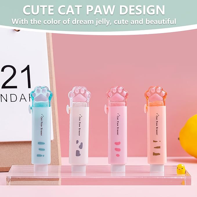PANDENNER Retractable Pencil Eraser, Cute Erasers, Cat Paw Eraser, Suitable - Image 3