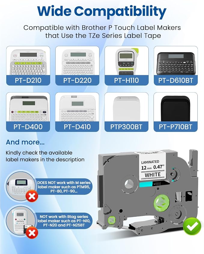 Pillex TZe-231 TZe TZ Tape 12mm 0.47 Laminated White AZe Label Tape Replace - Image 3