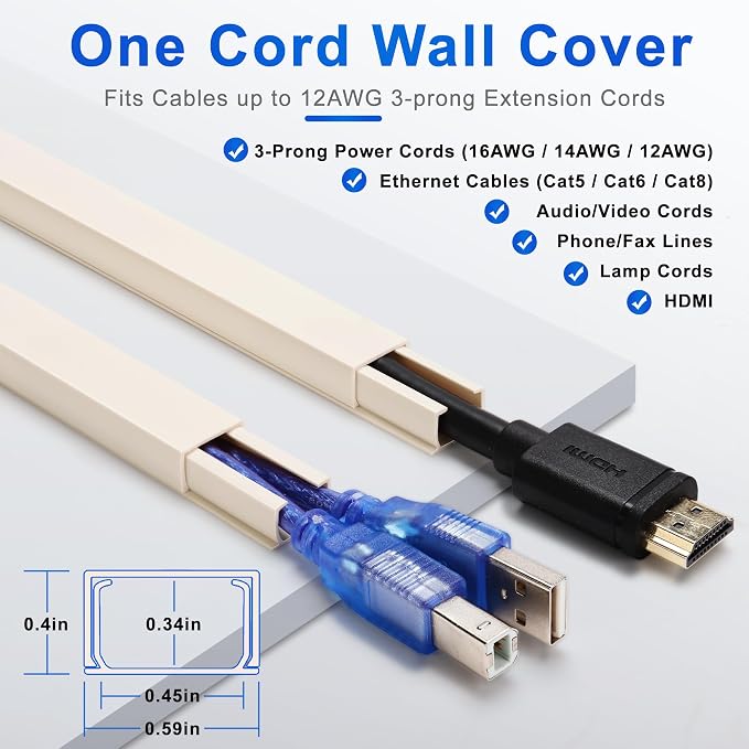 Cord Hider Wall for One Cord, 136in Wire Covers Wall, Easy Install Cable Cover - Image 2