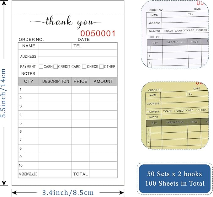 Thank You Receipt Book, 3.4x5.5" Handheld 2-Part Carbonless Sales Invoice Book - Image 2