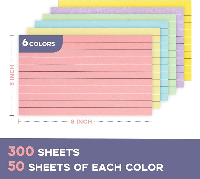300Pcs Colored Index Cards 5x8, Goefun Lined Flashcards, 6 Color Notecards - Image 2