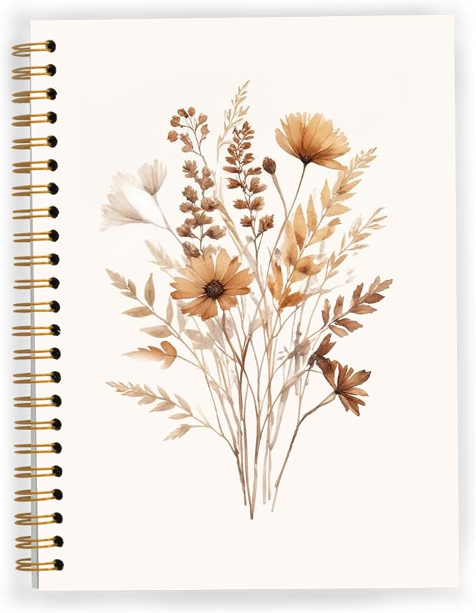 JWVK Fall Wildflower Spiral Notebook, Vintage Boho Neutral Floral Notebooks by JWVK