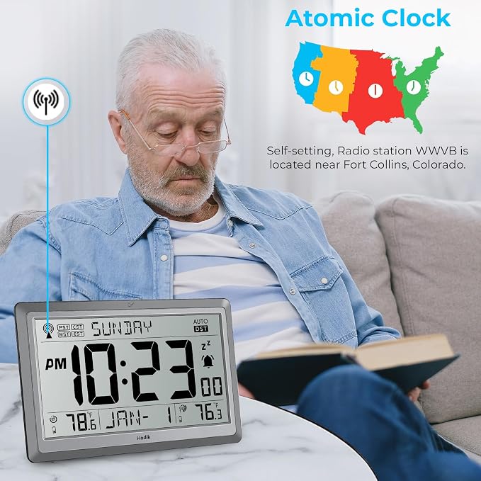 Wall Clock Atomic with Indoor Outdoor Temperature Battery Powered, Easy Reading - Image 2